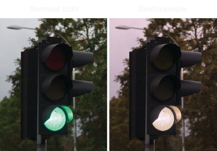 Het verschil tussen normaal zicht en deuteranopia (rood-groen blindheid)